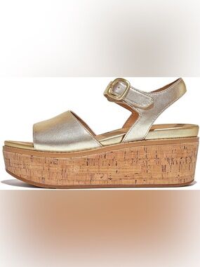 Fitflop Metallic Gold Cork Platform Sandal with Buckle Strap size 10
